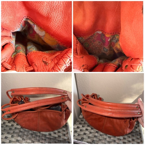 Nine West Vintage America Rust Leather Drawstring Shoulder Bag Floral Lining - Picture 15 of 16